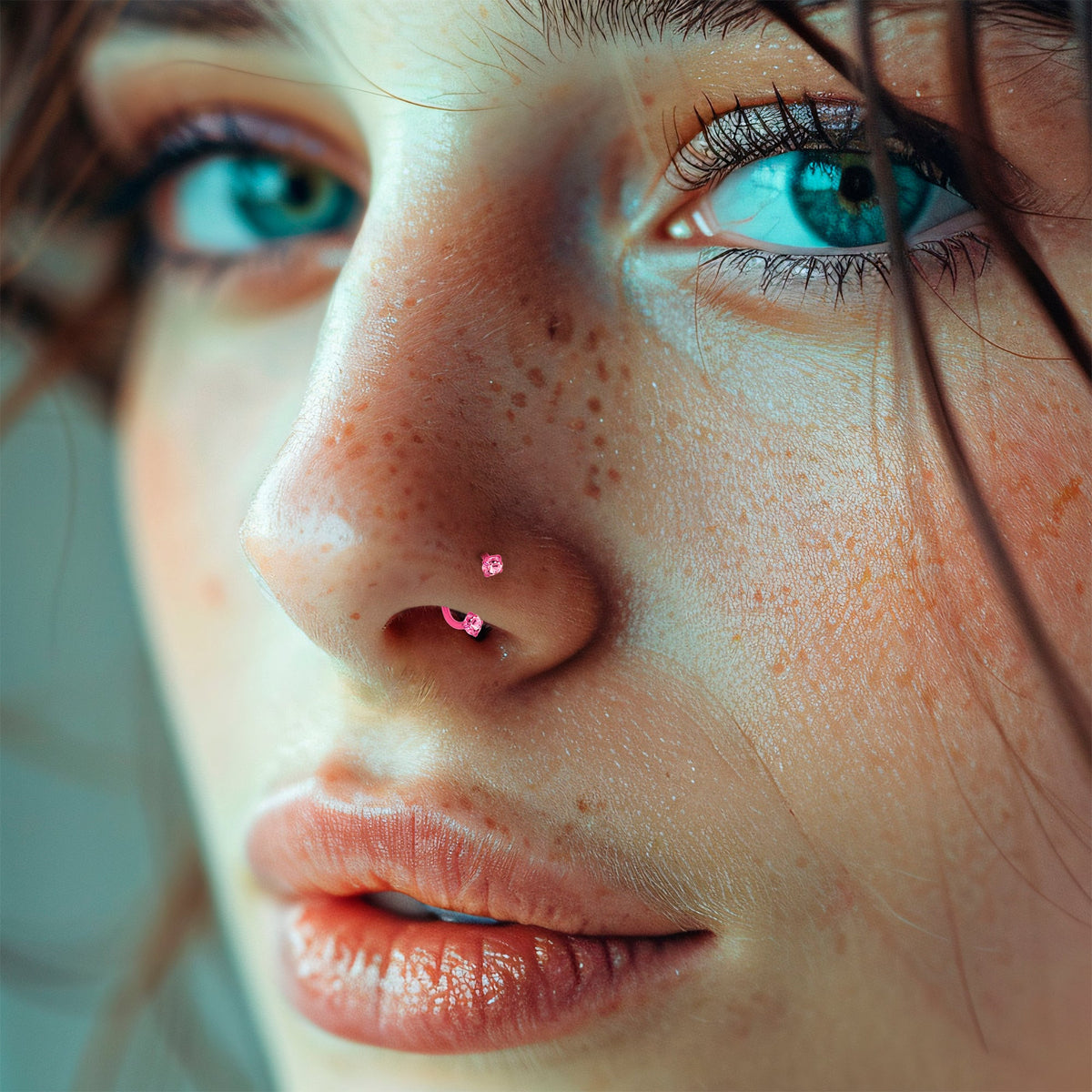 Pink Double Gem Horseshoe Nose Ring - Solid Titanium Anodized