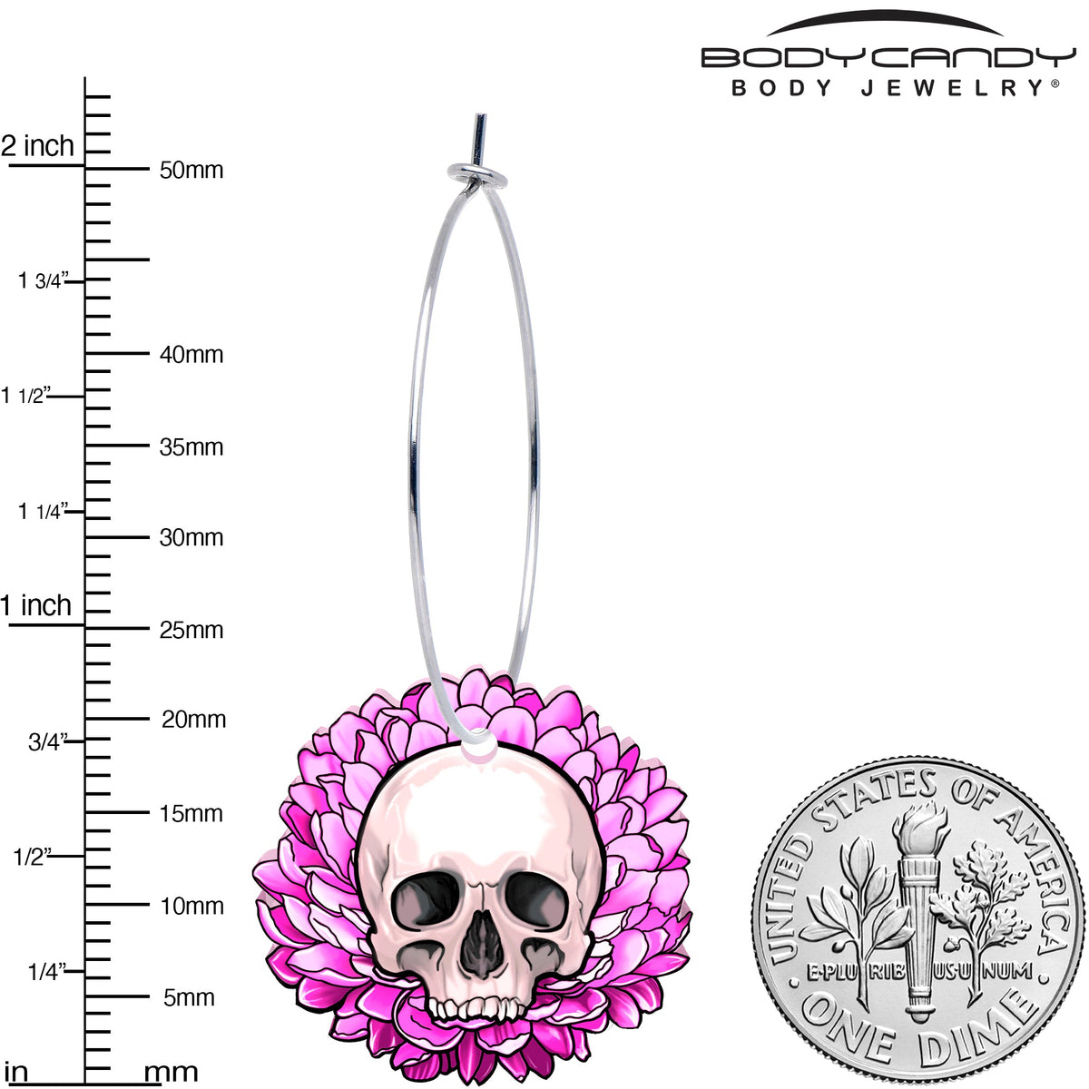 Blooming Pink Flower Skull Hoop Earrings by Onyx O