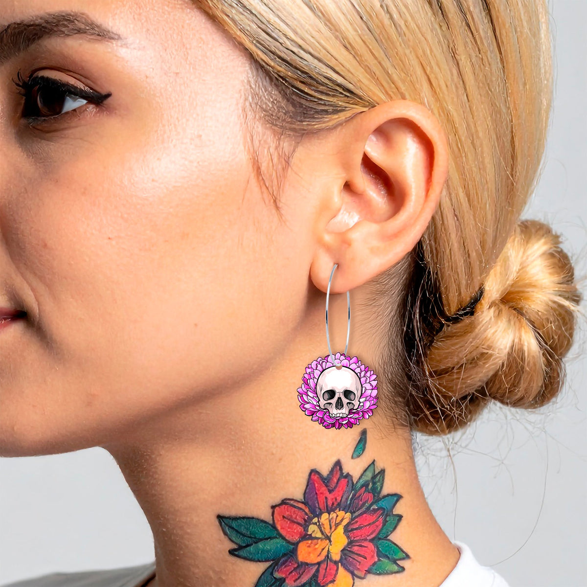 Blooming Pink Flower Skull Hoop Earrings by Onyx O