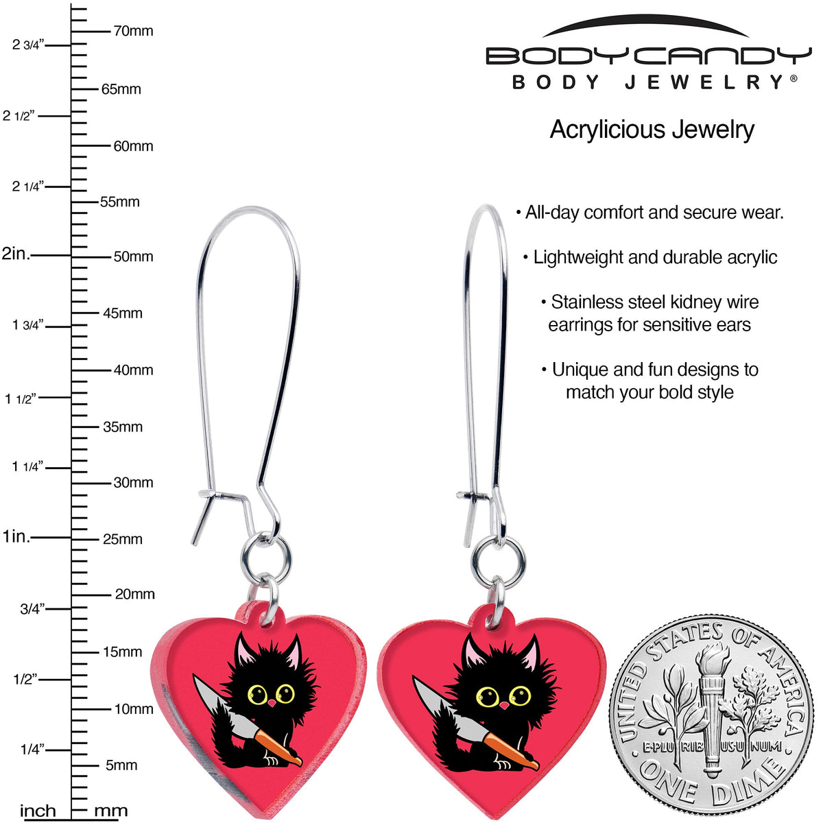 Heart Staby Cat Dangle Earrings by Onyx O