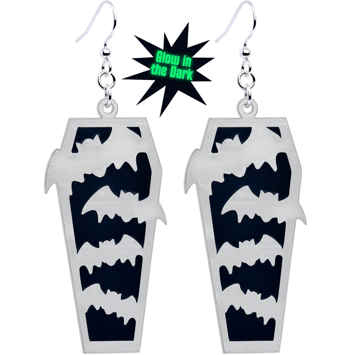 Glowing Bats Coffin Glow in the Dark Dangle Earrings by Onyx O