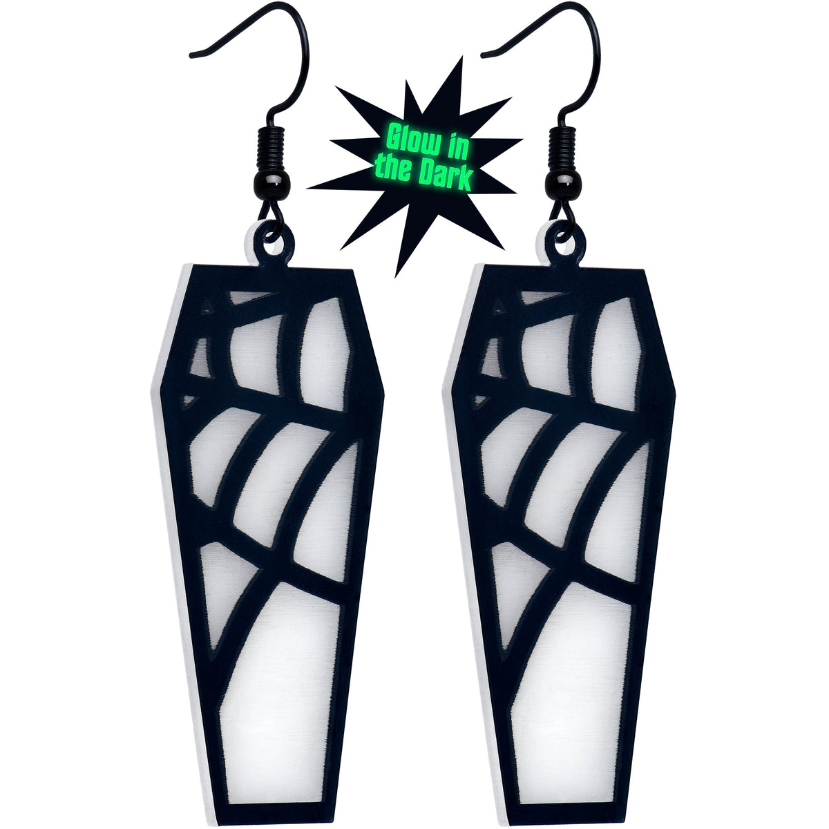 Black Spider Web Coffin Glow in the Dark Dangle Earrings by Onyx O