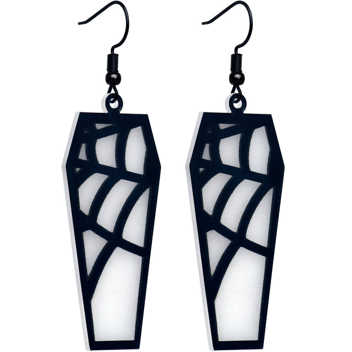 Black Spider Web Coffin Glow in the Dark Dangle Earrings by Onyx O
