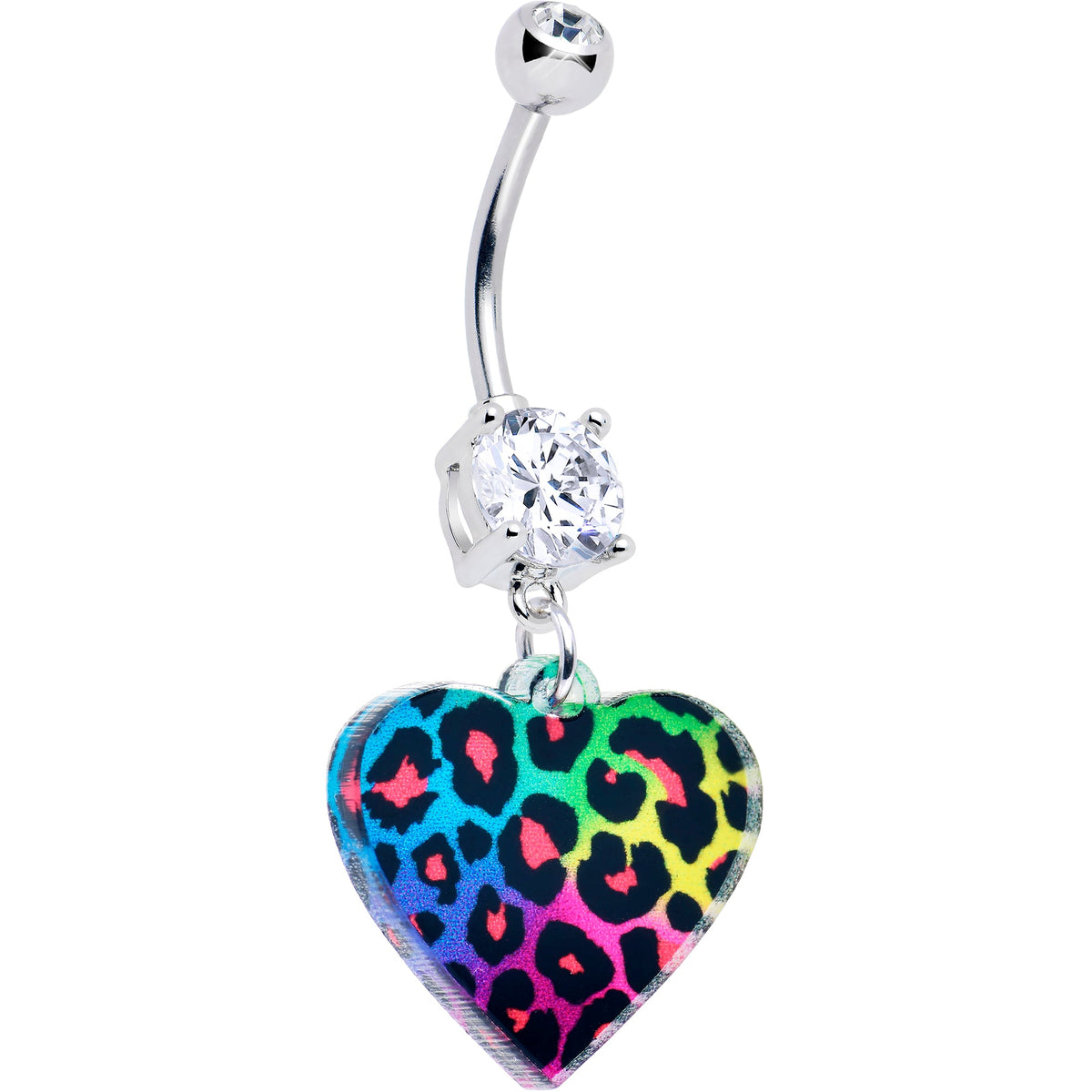 Acrylicious Rainbow Cheetah Print Heart Dangle Belly Ring by Onyx O