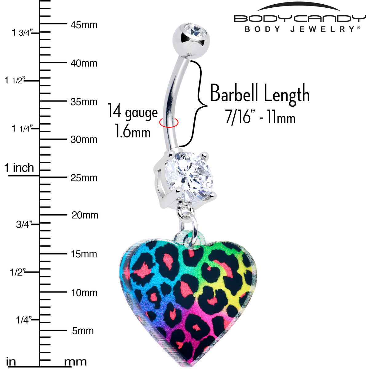Acrylicious Rainbow Cheetah Print Heart Dangle Belly Ring by Onyx O