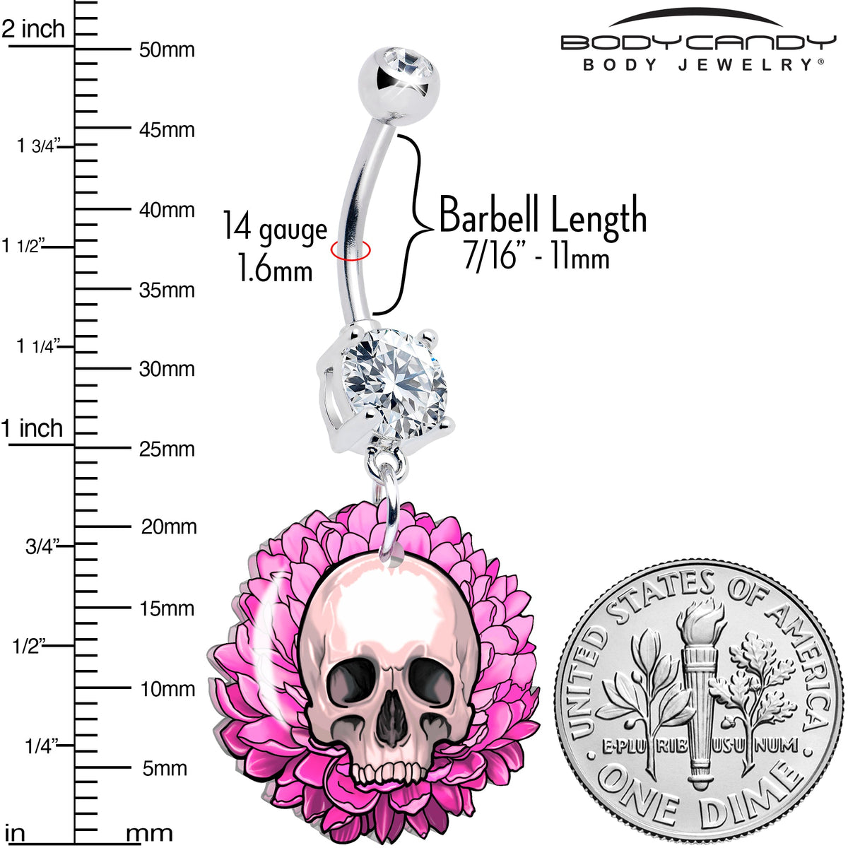 Clear Gem Blooming Pink Flower Skull Dangle Belly Ring by Onyx O
