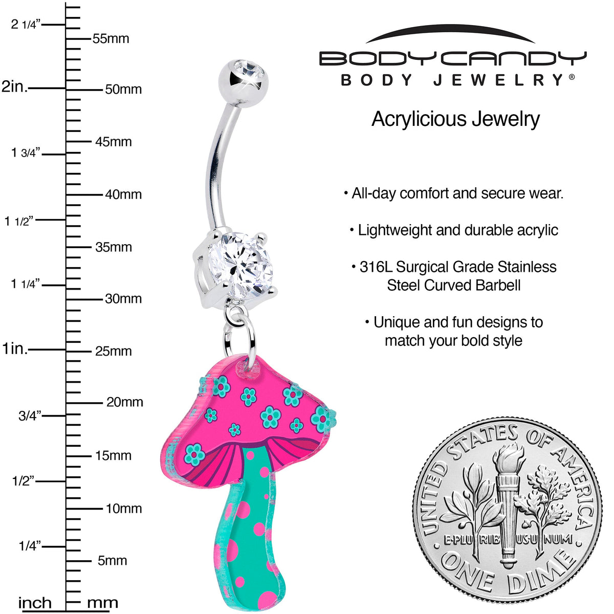 Double Gem Funky Floral Mushroom Dangle Belly Ring by Onyx O