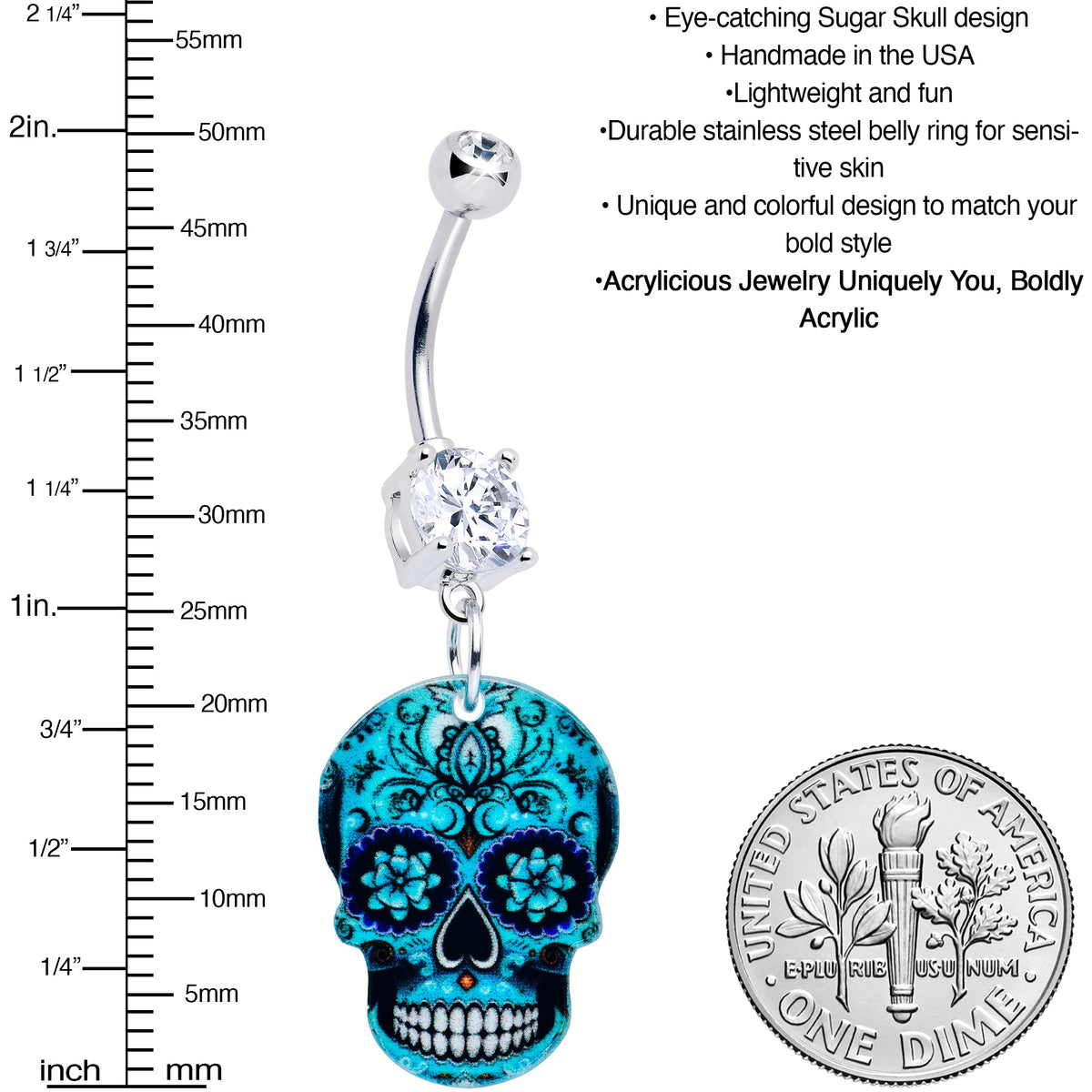 Acrylicious Shades of Aqua Sugar Skull Dangle Belly Ring