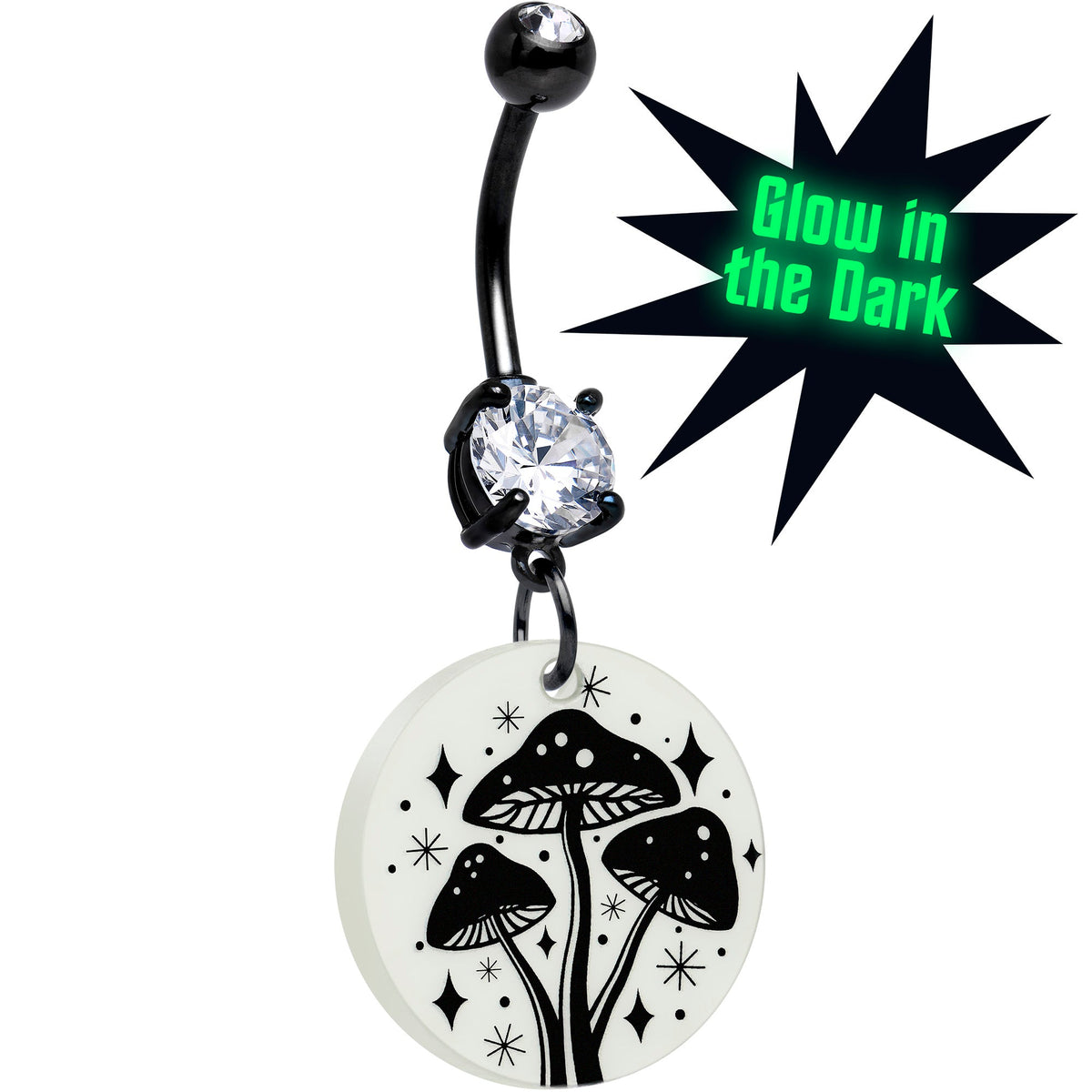 Black Double Gem Glow in the Dark Mystic Mushroom Dangle Belly Ring by Onyx O