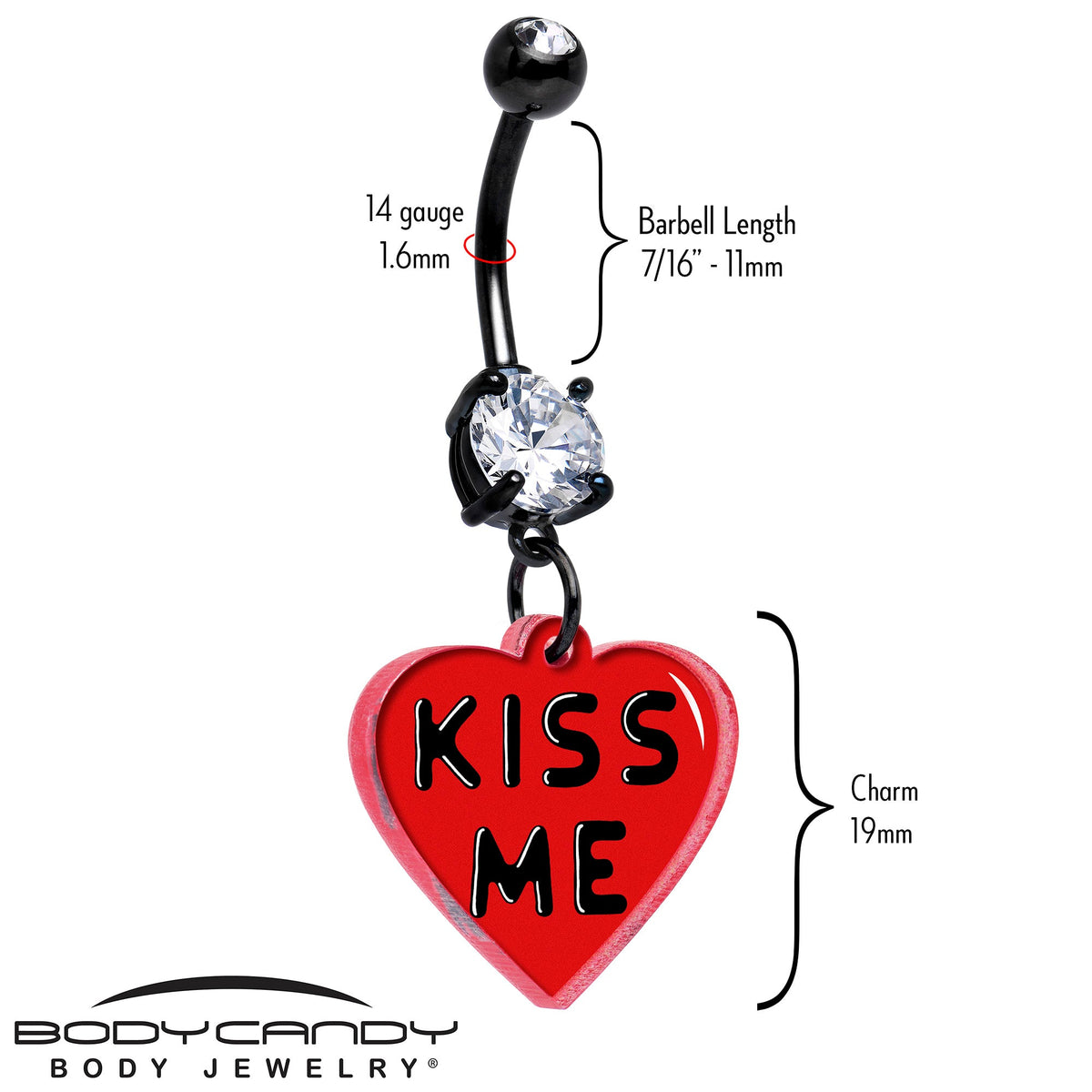Black Double Gem Kiss Me Heart Dangle Belly Ring by Onyx O