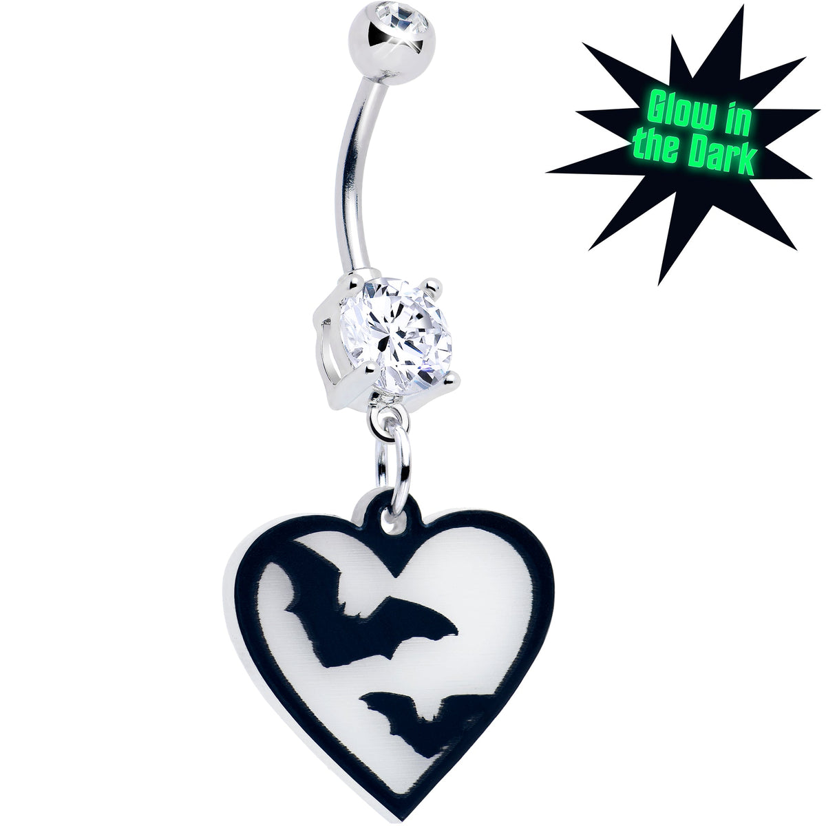Flying Bat Heart Glow in the Dark Dangle Belly Ring by Onyx O
