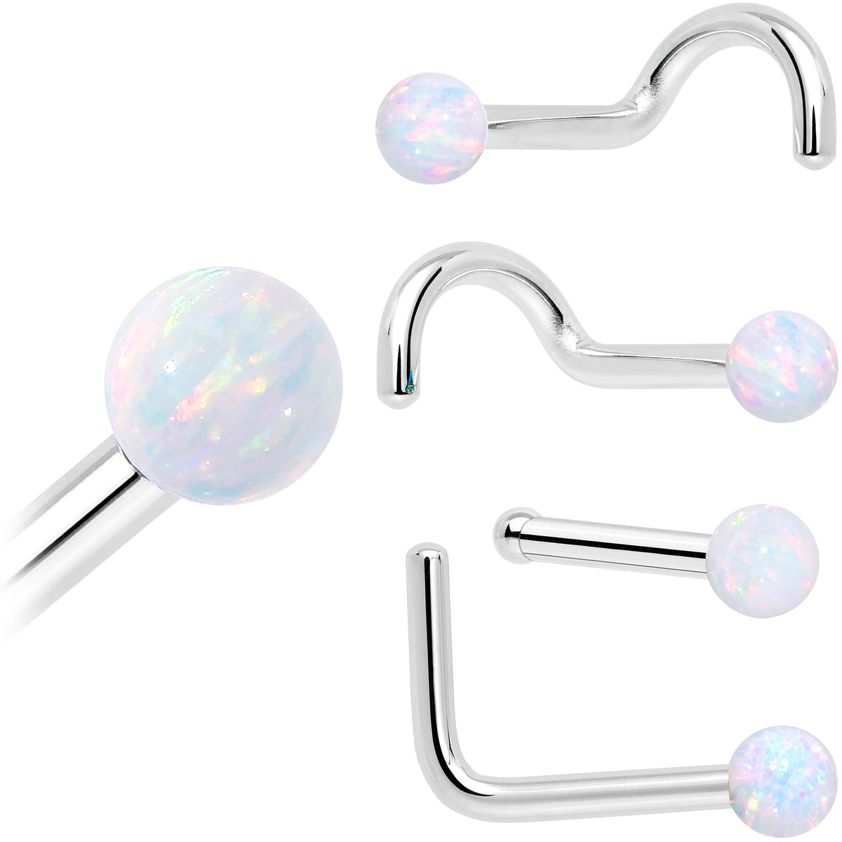 14k White Gold 2.5mm Synthetic Opal Ball Nose Ring