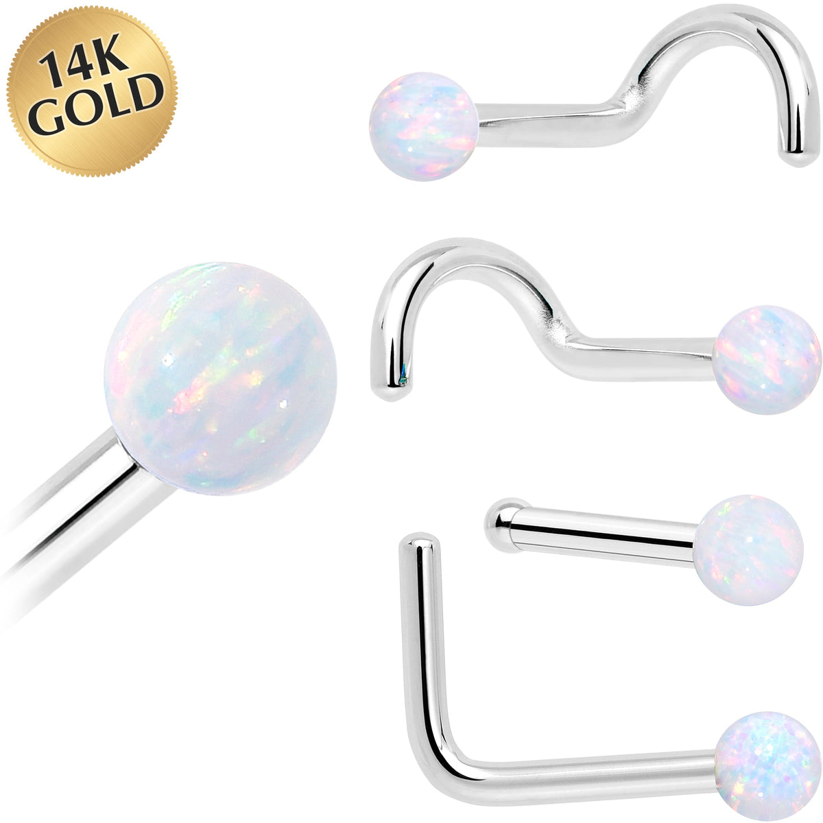 14k White Gold 2.5mm Synthetic Opal Ball Nose Ring
