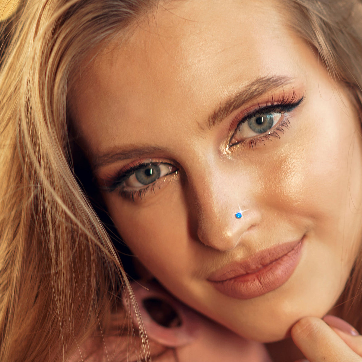 14k Yellow Gold 2.5mm Blue Synthetic Opal Ball Nose Ring