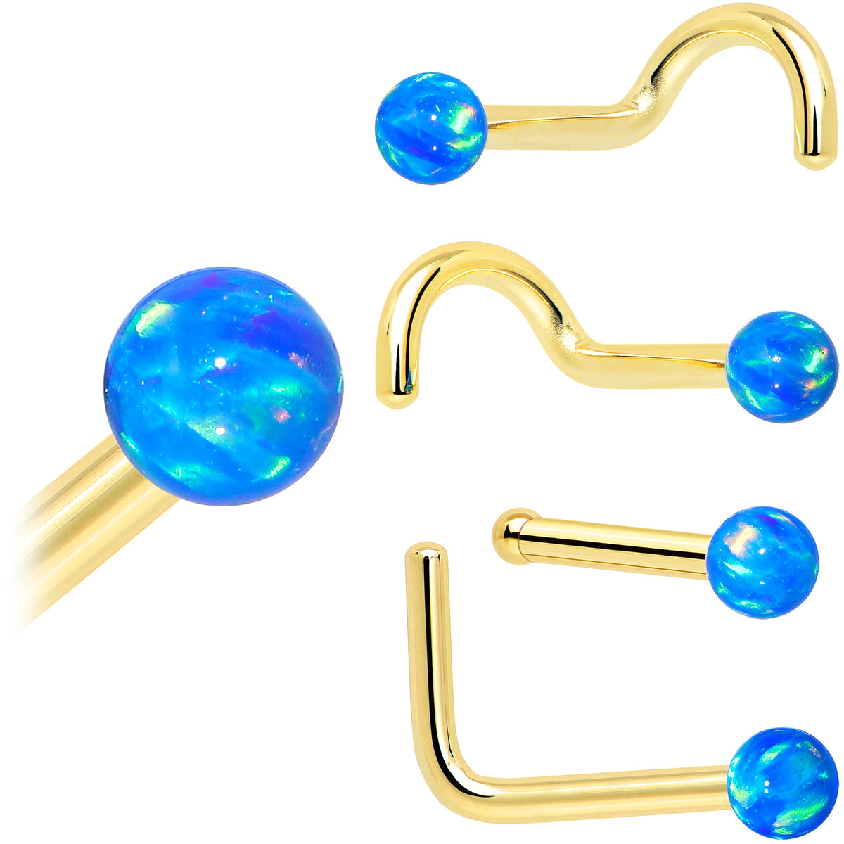14k Yellow Gold 2.5mm Blue Synthetic Opal Ball Nose Ring