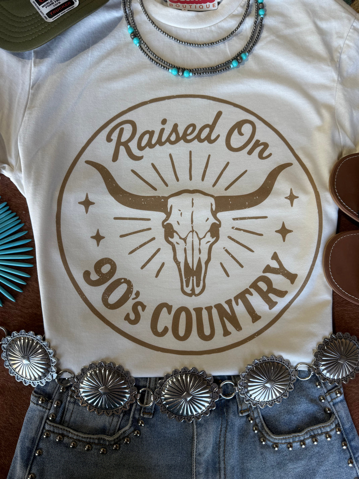 Raised On 90's Country Steer Skull Graphic Tee