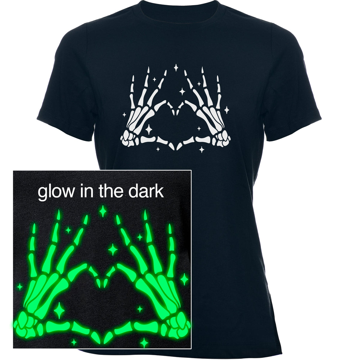 Glow in the Dark Dead Inside Heart Skeleton Hands Black Tee Shirt