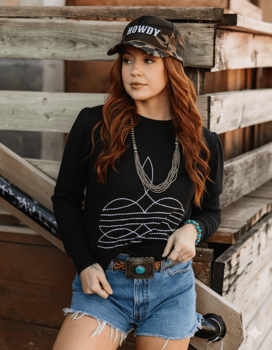 Black Boot Stitch Graphic Sweatshirt