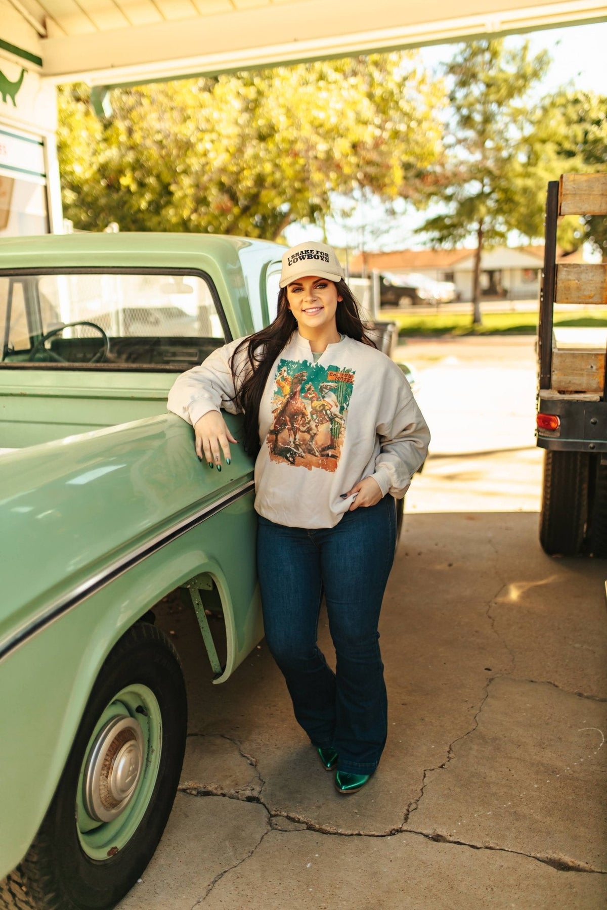 Cactus Motel Raw Cut V-neck Western Graphic Sweatshirt