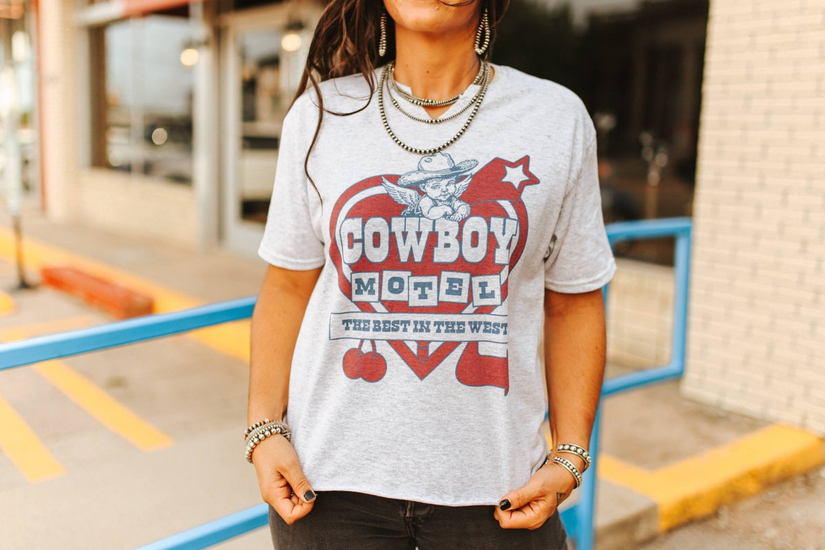 Cowboy Motel Raw Cut V-neck Graphic Tee