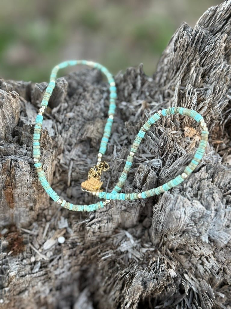 Golden Turquoise Trail Heishi Beaded Necklace
