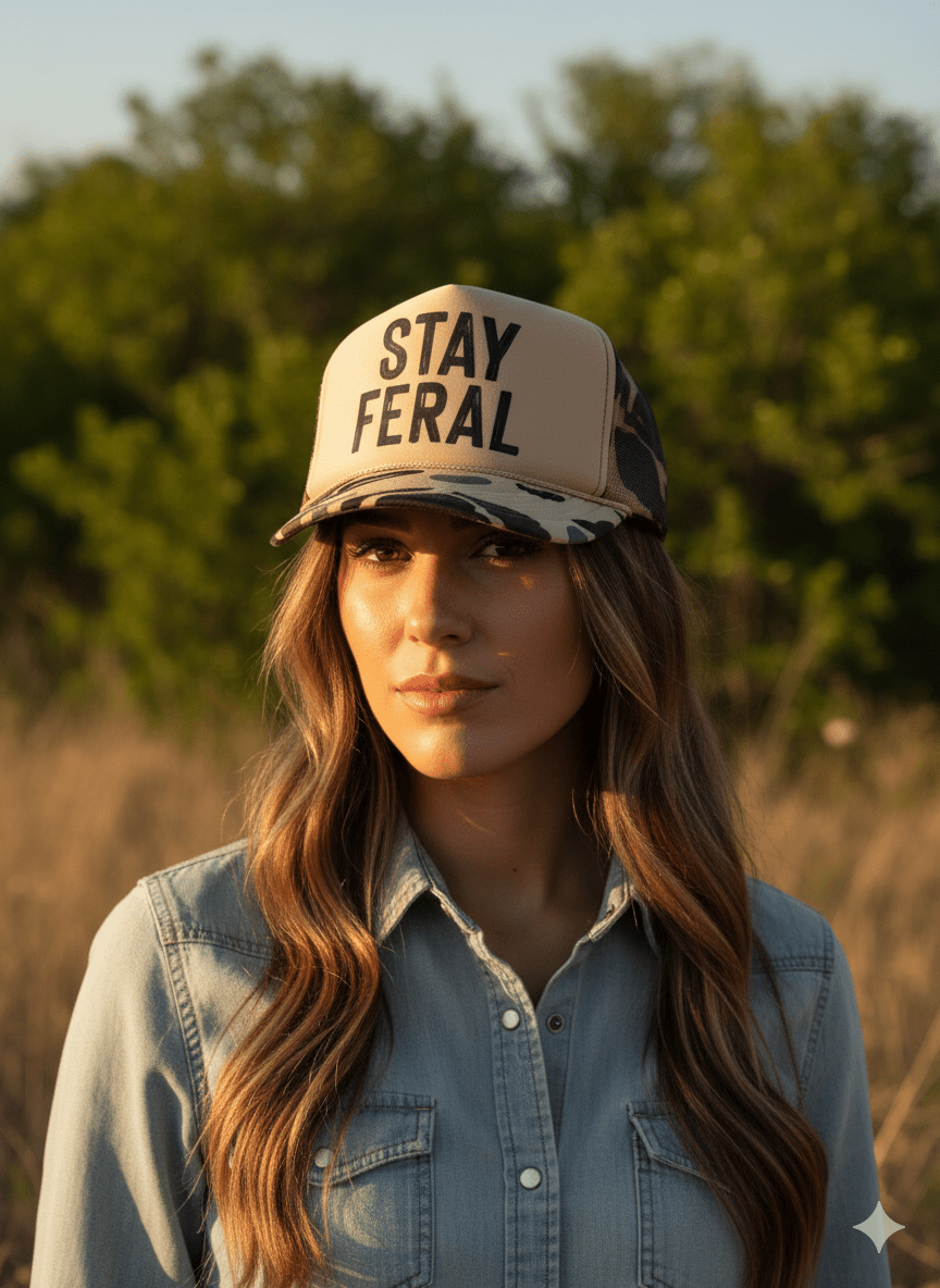 Stay Feral Camo Trucker Hat